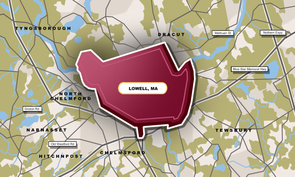 a drawn out map of Lowell, MA